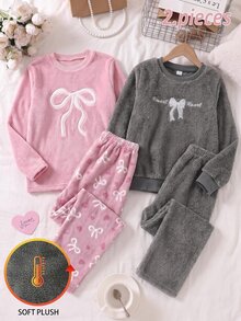 SHEIN 女童居家服大童女孩字母蝴蝶結刺繡長袖上衣搭配毛茸茸長褲休閒優雅家居服套裝 - 灰色 - 查看 8
