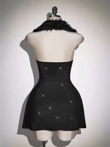 SHEIN ICON Plus Size Y2K Fur Collar Square Neck Backless Square Neck Deep V Cross Tie Mini Dress, Sexy Christmas Party Snow Dress - Black - View 3