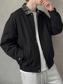 DAZY Spring/Autumn Black Patchwork Plaid Fabric Collar Korean Style Men's Jacket - Black - View 4
