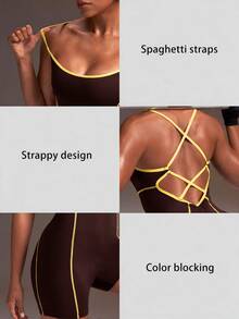 Powerista Women's Autumn Navy Criss Cross Open Back Contrast Stitching Sports Jumpsuit Short Leg Design Active Wear Gym Workout Athletic Modest - Brown - View 4