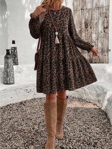Travachic 女款大尺碼膝長洋裝，豹紋印花，長燈籠袖，優雅休閒日常洋裝，女款秋冬服飾 - 彩色 - 查看 5