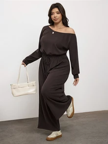 Enliva Plus Size One Shoulder Wide Leg Jumpsuit With Elastic Waist Compatible With Apple Body Round Body - Brown - View 7