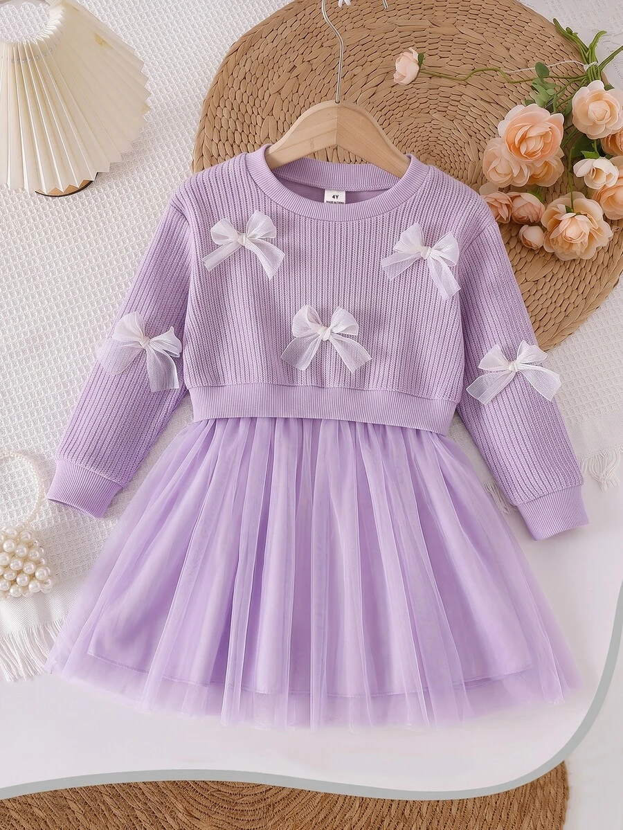 SHEIN 1pc Girls Bow Decor Round Neck Long Sleeve Mesh Hem Dress, Fresh & Elegant Fashion, Cute & Sweet, Suitable For Autumn/Winter - Purple - View 1