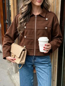 Struktiv Women's Autumn/Winter Sleeve Cuff Decor Napoleon Element Casual Street Style Regular Commute Wearable Thin Jacket - Mocha Brown - View 3