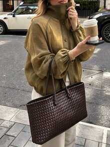 Yalmera 大尺碼透視皺褶立領前開扣泡泡長袖寬鬆休閒襯衫外套 - 軍綠色 - 查看 4
