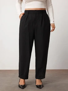 Enliva Women Plus Size Linen-Blend Trousers, High-Waisted Relaxed Straight-Leg Pants With Front Pleats, Elastic Back Waist And Cuffed Hem, Fall/Winter Pant - Black - View 5