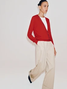 Anewsta Essential Women Elegant Fake Two Pieces Patchwork V Neck Knit Pullover Cardigan, Asymmetrical Diagonal Button Long Sleeve Knitwear, Autumn Winter Christmas & Bla - Red - View 4