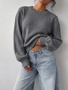 SHEIN BASICS 女款素色圓領長袖休閒基礎寬鬆毛衣 淺黃色 秋冬日常 早午餐 校園穿搭 - 淺灰色 - 查看 5