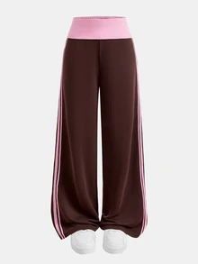 SHEIN 青少年女孩秋冬咖啡棕與粉色拼色腰帶街頭風休閒長褲套裝（適合派對、返校與日常穿著），Y2K風格白色羅紋針織上衣搭配法式灰色喇叭褲 - 彩色 - 查看 5