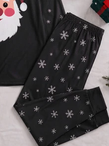 SHEIN 男士純色圓領長袖休閒居家服套裝 - 黑色 - 查看 4