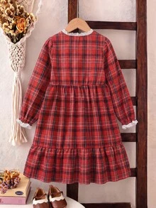 DAZY Đầm thường ngày cho bé gái họa tiết kẻ caro đỏ viền ren, xuân/thu - Đỏ - Xem 2