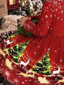 Tween Girl Christmas Tree Print Long Sleeve Dress Party Autumn/Winter - Multicolor - View 4