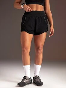 Powerista Women's Elastic Waist Double Layer Sports Shorts - Black - View 5