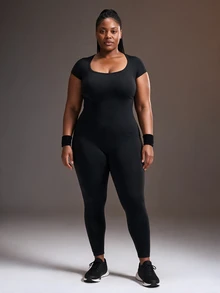 Powerista One Piece Jumpsuit For Women Square Neck Short Sleeve Backless Bodysuit Tummy Control Butt Lifting Seamless Workout Leggings Fall Halloween Black Plus - Black - View 3