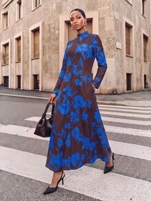 Zivah New Elegant Women's New Chinese Style Plant Contrast Print Fabric Front Zipper Design Long Sleeve Structured Dress - Multicolor - View 3