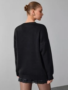 SHEIN Casual kofta för dam i petite storlek, enfärgad svart, med knäppning fram och detaljer, nedsläppt axel - Svart - Visa 2