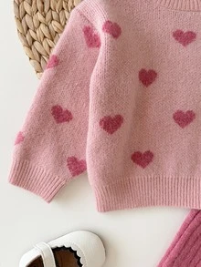 SHEIN 2件組女嬰可愛波點長袖針織衫與鬆緊腰長褲套裝，休閒秋冬款 - 粉色 - 查看 7