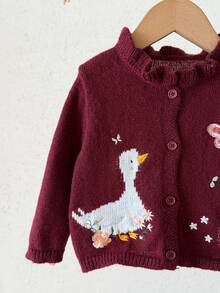 SHEIN 女嬰百搭甜美刺繡單排扣長袖針織秋季開襟衫 - 酒紅色 - 查看 5