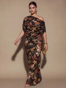 SHEIN BAE CURVE Plus Size Women's Floral Print Long Ruched Dress, Elegant Long Dress, Date Dress,Winter,Party,Fall,Summer,Asymmetrical Shoulder Maple Leaf Print - Multicolor - View 4