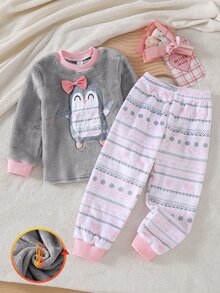 SHEIN Genkimix Kids 女童 2 件組冬季睡衣套裝，紅色企鵝刺繡毛絨上衣與 Fair Isle 針織圖案長褲，珊瑚絨家居服，秋季仙女家庭套裝 - 灰色 - 查看 3