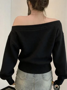DAZY Women's Solid Color Asymmetrical Shoulder Faux Pearl Decor Casual Daily Wear Sweater - Black - View 2