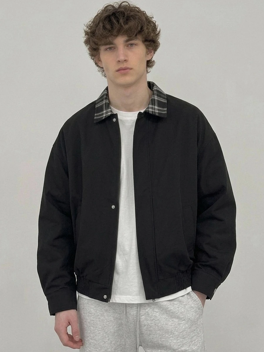 DAZY Spring/Autumn Black Patchwork Plaid Fabric Collar Korean Style Men's Jacket - Black - View 1