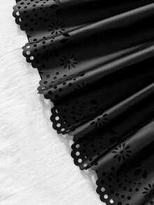 Tween Girls Faux PU Leather Skirt Black Elastic Waist Laser Cut Out Scallop Hem A Line Flared Pleated Plain Skirts - Black - View 5
