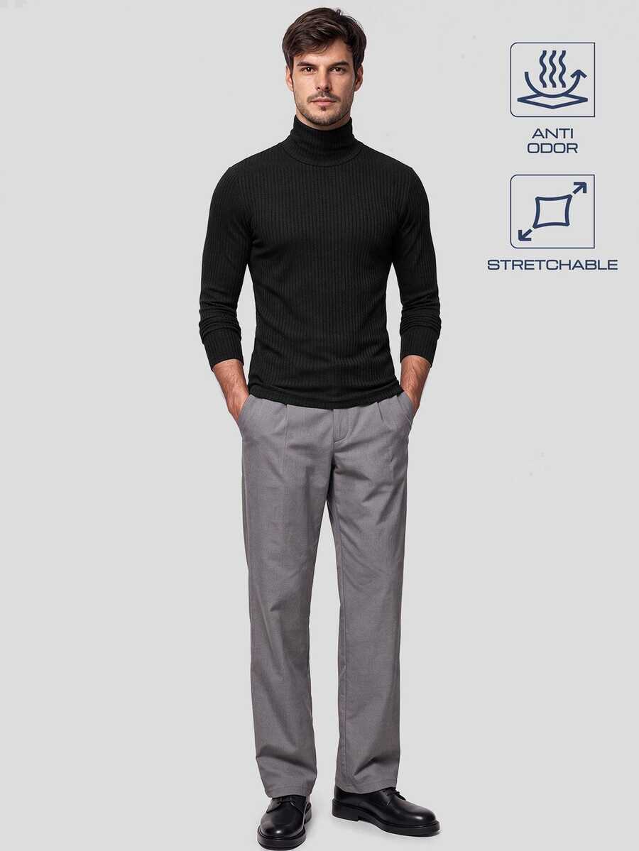 TekDrob Anti-Odor & Stretchable Ribbed Roll Neck T-Shirt - Black - View 1