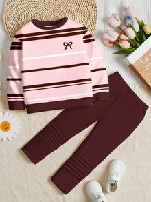 Young Girl Casual Minimalist Retro Style, Striped Bow, Maillard Color Palette, Round Neck Fleece Sweatshirt And Elastic Waist Long Pants Set, Suitable For Autumn/Winter, New Fall Styles, Fall Sets, Pull, Going Out - Multicolor - View 2