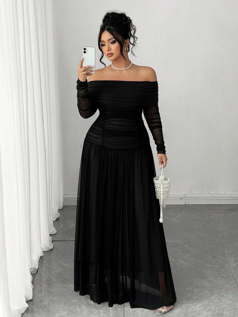 Cravure Plus Size Women's New Cold Shoulder Long Sleeve Backless Shoulder-Exposing Fitted Ruched H-Line Dress Fall - Multicolor - View 1