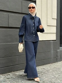 DAZY Women's Tie Neck Long Sleeve Shirt And Long Pants Casual Denim Set - Blue - View 5