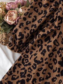 SHEIN 1pc Girls' Autumn New Fresh Style Loose Fit Long Sleeve Dress With Elastic Cuffs, Exquisite Collar, Back Opening Design, Casual Versatile Leopard - Brown - View 8