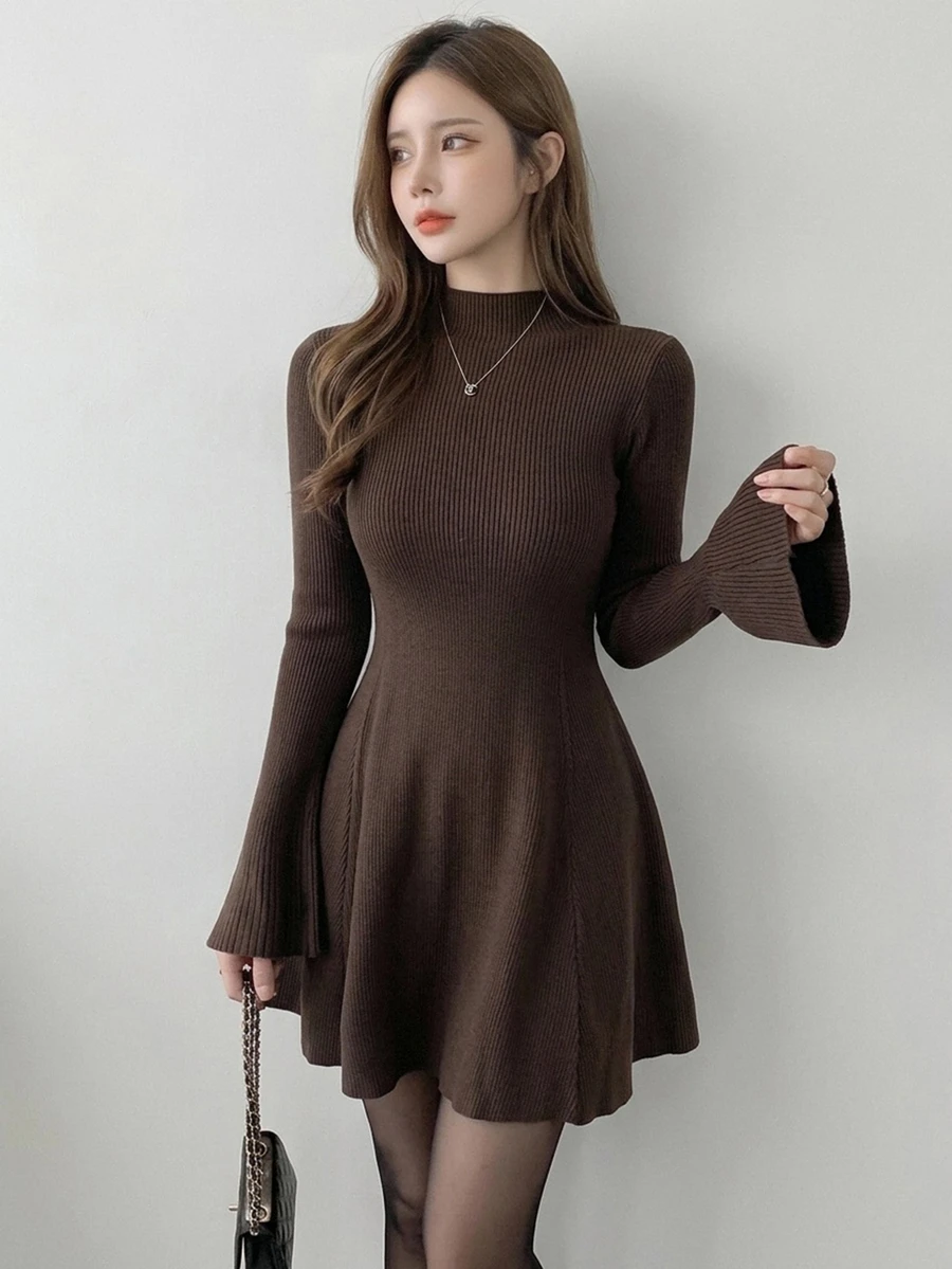 DAZY Women's Soft Style Long Sleeve Ribbed Knit Sweater Dress - Coffee Brown - View 1