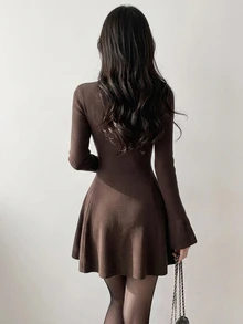 DAZY Women's Soft Style Long Sleeve Ribbed Knit Sweater Dress - Coffee Brown - View 3