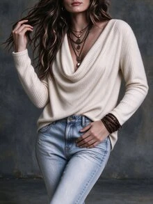 Linhara CURVE Plus Size Women's Solid Color Cowl Neck Casual Daily T-Shirt - Apricot - View 5