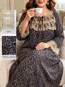 Lacomfia Đầm dự tiệc thường ngày nữ size lớn họa tiết da báo phối ren - màu nâu - Xem 1
