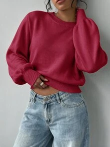 SHEIN BASICS 女款素色圓領長袖休閒基礎款寬鬆針織衫，淡黃色，適合早午餐、學校、日常穿著，秋冬款 - 中紫紅色 - 查看 4