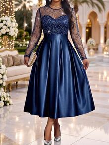 Fleurora Plus Size Women's Patchwork Sequin Mesh Round Neck Long Sleeve Elegant Dress - Navy Blue - View 7