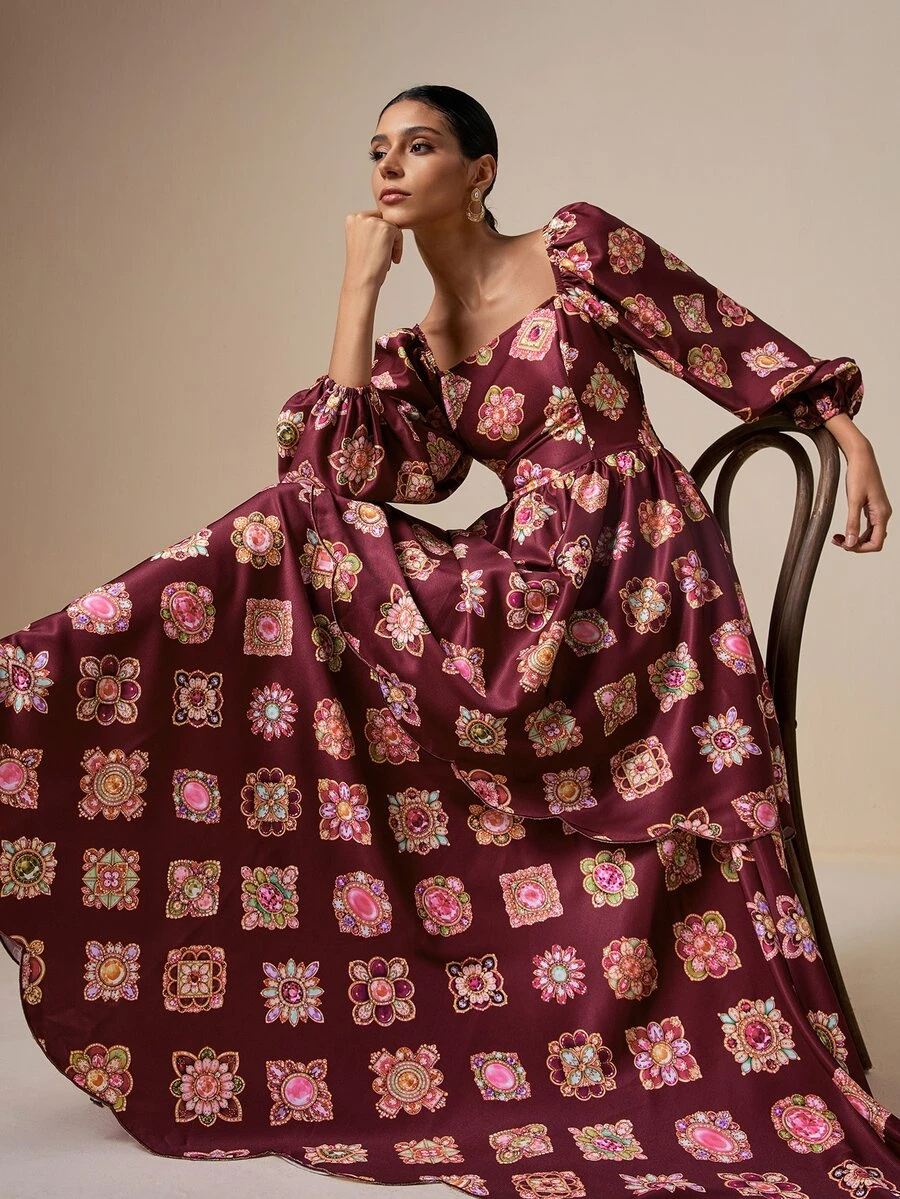 LOTSLUV Women's Elegant Autumn Burgundy And Pearl Gemstone Print Square Neck Long Sleeve Wavy Hem Embroidered Print Dress - Burgundy - View 1