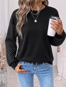 SHEIN LUNE Women's Polka Dot Patchwork Casual Daily Long Sleeve Sweatshirt - White - View 8