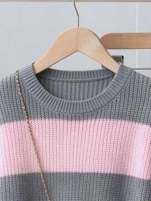 SHEIN Girls' Long Sleeve Pink Gradient Striped Pullover Crew Neck Sweater, Winter - Multicolor - View 5