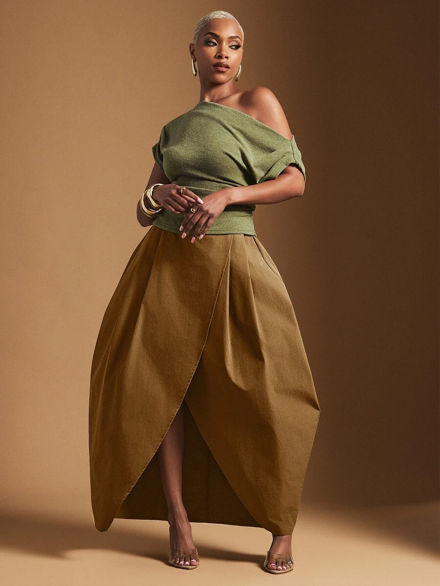 Vixey High Waist Balloon Shape Asymmetrical Midi Skirt - Mocha Brown - View 1