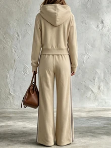 Trelyra Bộ áo hoodie kéo khóa và quần nỉ thể thao phong cách thời trang cá tính, thoải mái cho nữ đi du lịch - Màu Khaki - Xem 2