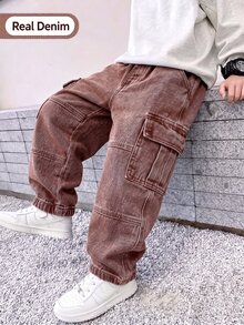 Boys' Vintage Distressed Brown Denim Cargo Pants, Loose Straight Leg Multi-Pocket Long Pants, American Street Style Versatile Comfortable Jeans, Suitable For All Seasons Outdoor Wear - Coffee Brown - View 1