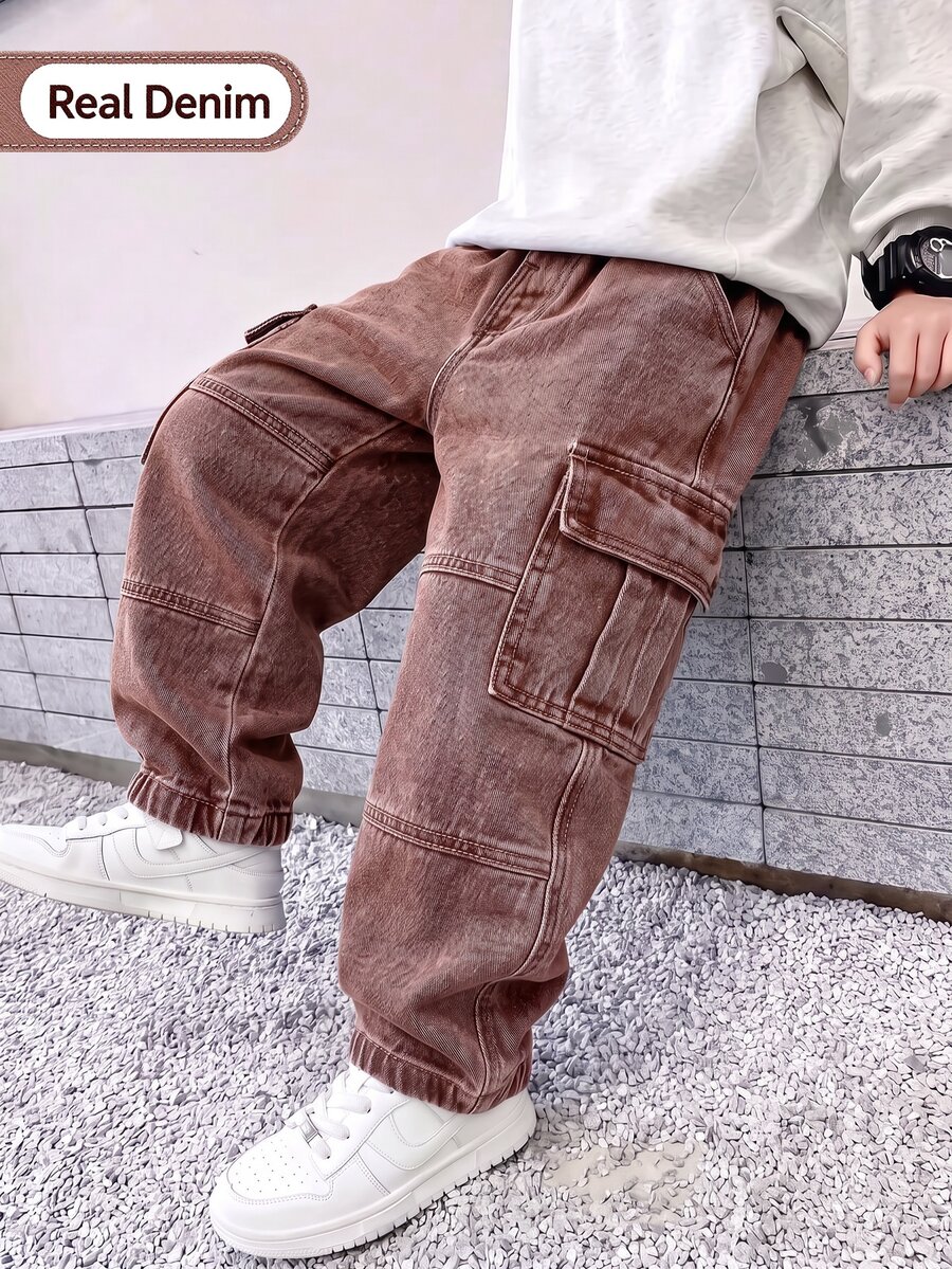 Boys' Vintage Distressed Brown Denim Cargo Pants, Loose Straight Leg Multi-Pocket Long Pants, American Street Style Versatile Comfortable Jeans, Suitable For All Seasons Outdoor Wear - Coffee Brown - View 1