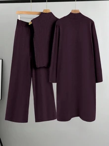 Linhara Bộ áo khoác cardigan len dệt kim và quần màu trơn phong cách thường ngày size lớn, thu/đông - Màu tím - Xem 2