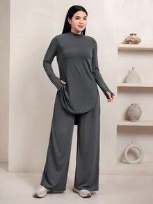 Veilorie Women's Long Sleeve Top And Loose Pants With Pockets Sports Set - Dark Grey - View 3