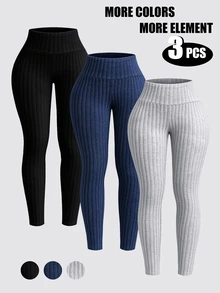 Airaco 3 PiecesSet: Plus Size Solid Color Ribbed Fleece Leggings Fall Winter - Multicolor - View 3