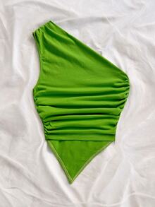 Soleia Women's Cotton Asymmetrical Hem One-Shoulder Top For Summer Vacation - Green - View 2