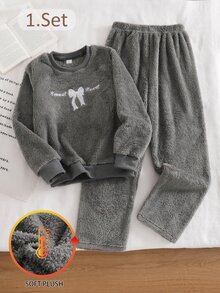 SHEIN 女童居家服大童女孩字母蝴蝶結刺繡長袖上衣搭配毛茸茸長褲休閒優雅家居服套裝 - 灰色 - 查看 7